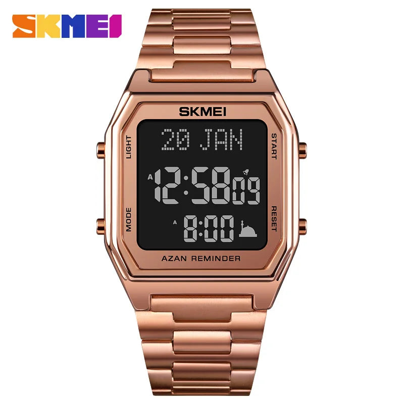 SKMEI Stainless Steel Digital Watch Muslim Azan Prayer Compass Clock Adhan Alarm Hijri Islamic Wristwatch with Back Light 2141