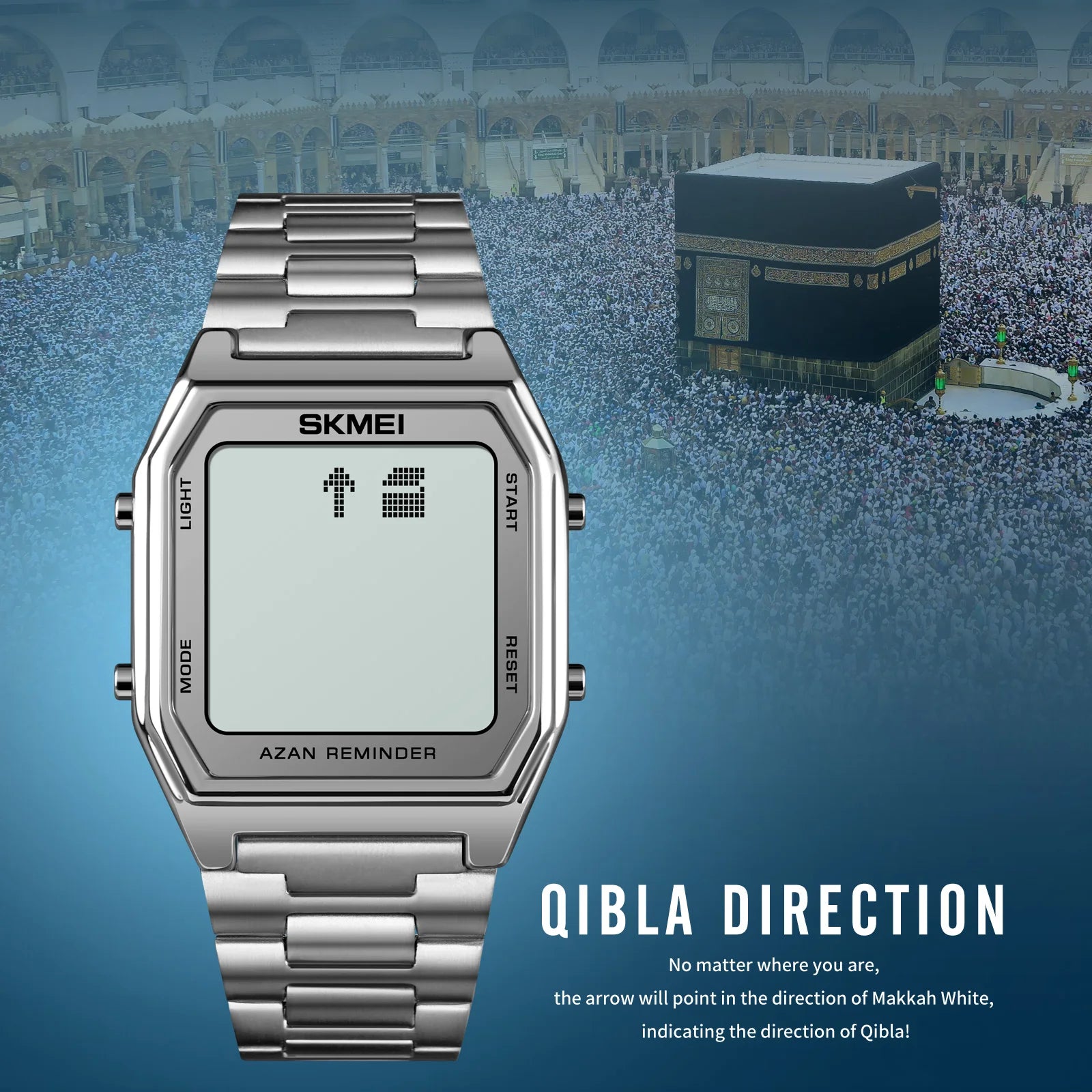 SKMEI Stainless Steel Digital Watch Muslim Azan Prayer Compass Clock Adhan Alarm Hijri Islamic Wristwatch with Back Light 2141