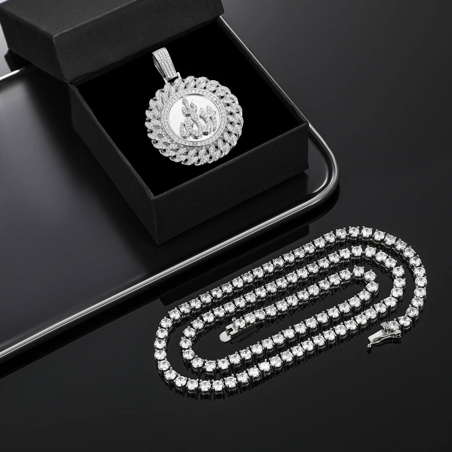 925 Sterling Silver Muslim Islam Allah Pendant Necklace Full Crystal Iced Out Chain Necklace Religious For Mens Hip Hop Jewelry</strong><br><br>