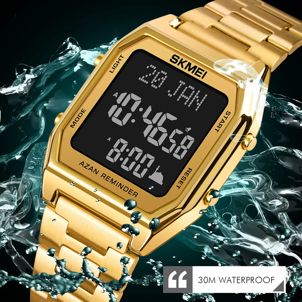 SKMEI Stainless Steel Digital Watch Muslim Azan Prayer Compass Clock Adhan Alarm Hijri Islamic Wristwatch with Back Light 2141