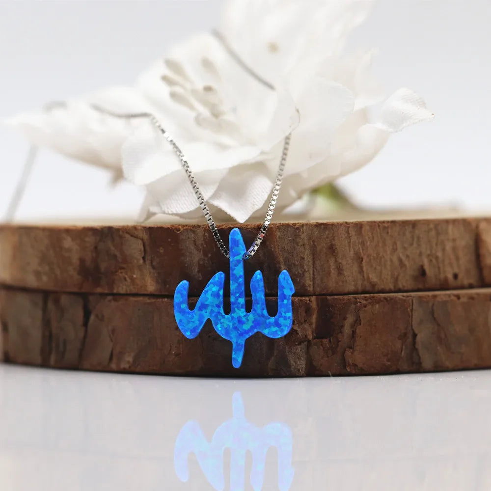 1pc Free Shipping 13*15mm Dark Blue Allah Synthetic Fire Blue Opal 925 Sterling Silver Gold O Chain Opal Allah Necklace Hot Sale