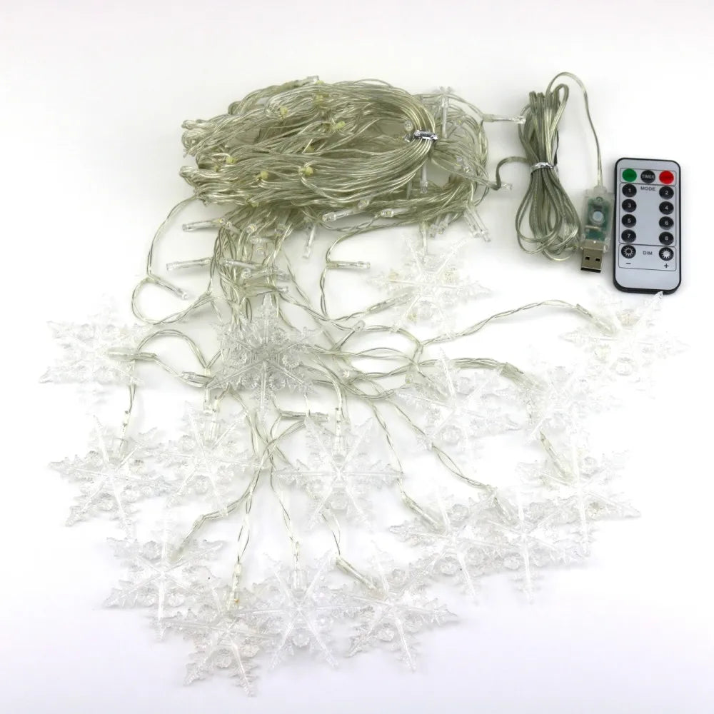 Battery/USB Operated Snowflake Curtain LED String Lights, Indoor & Outdoor Decor, 2024 Christmas Holiday Party Lighting, Wedding Decoration