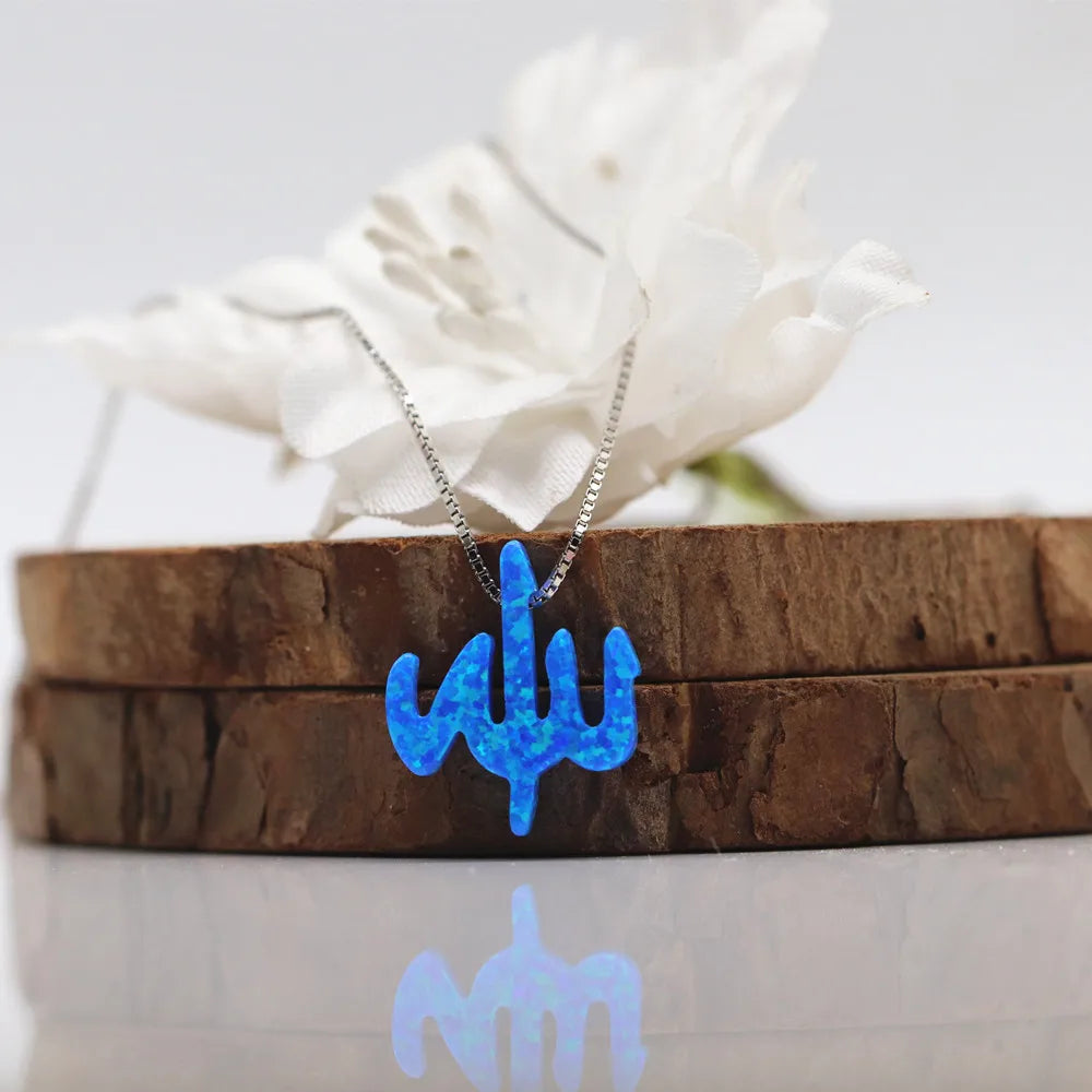 1pc Free Shipping 13*15mm Dark Blue Allah Synthetic Fire Blue Opal 925 Sterling Silver Gold O Chain Opal Allah Necklace Hot Sale