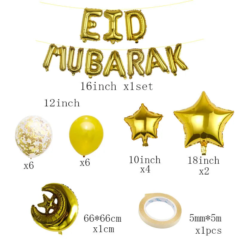 Eid Mubarak Balloons 2024 Ramadan Decorations for Home Moon Star Foil Balloon Muslim Aid Moubarak Kareem Festival Party Supplies