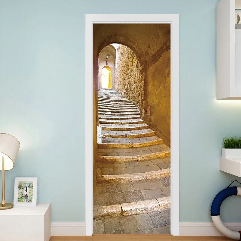Medieval Stone Hutongs DIY Door Wall Sticker Home Decor Living Room Children Room Bedroom Art Mural Self-adhesive PVC Wallpaper