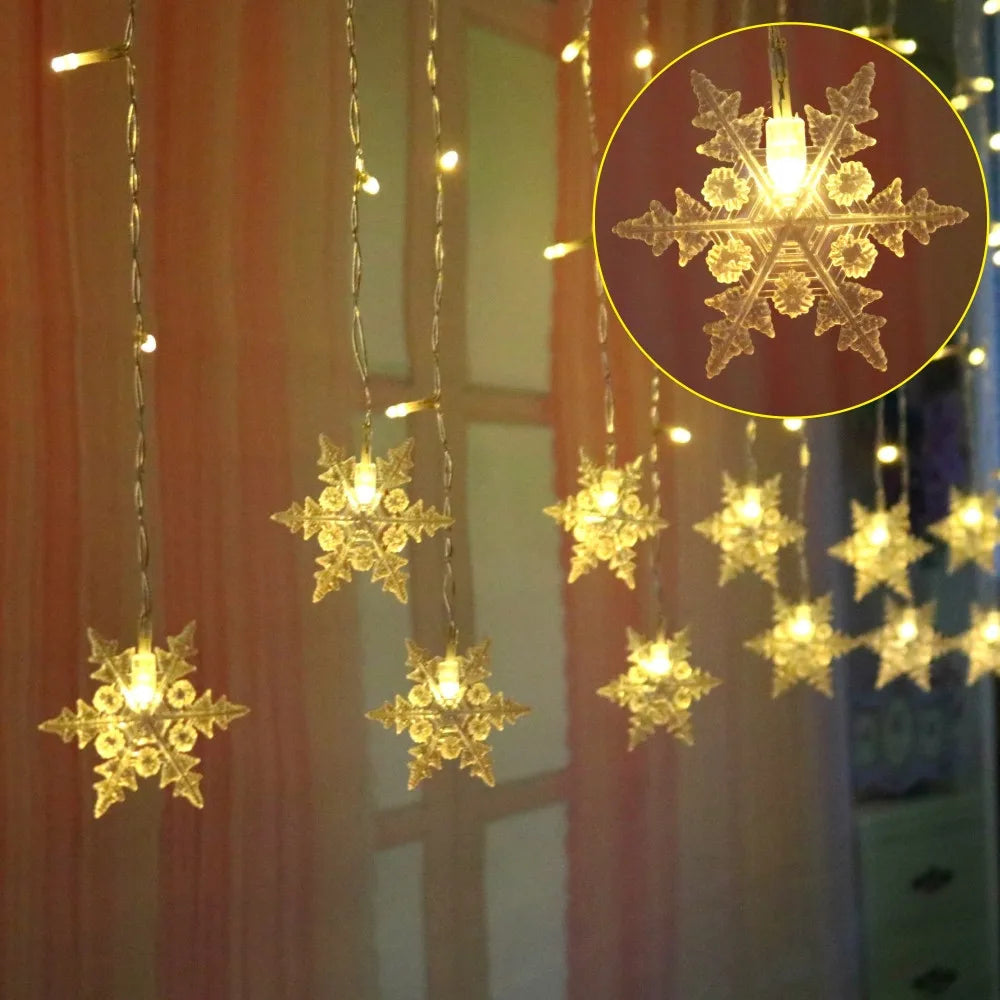 Battery/USB Operated Snowflake Curtain LED String Lights, Indoor & Outdoor Decor, 2024 Christmas Holiday Party Lighting, Wedding Decoration