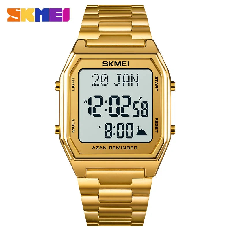 SKMEI Stainless Steel Digital Watch Muslim Azan Prayer Compass Clock Adhan Alarm Hijri Islamic Wristwatch with Back Light 2141