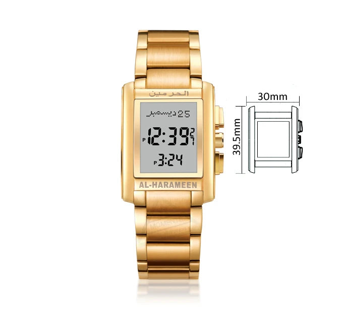 Azan Watch for Muslim Prayer with Qibla Compass Islam Al-Harameen Fajr Time Clock Including Hijri Calendar Ramadan Gift