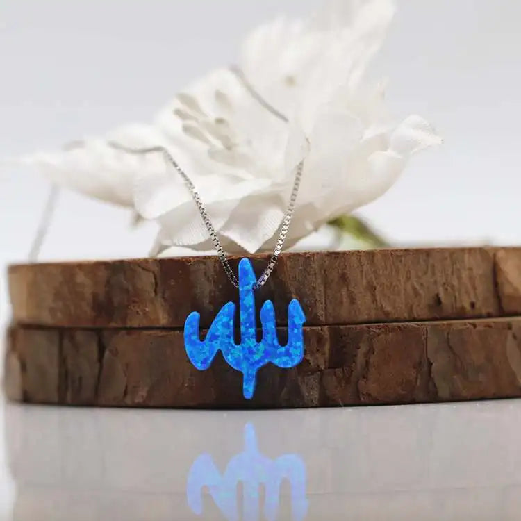 1pc Free Shipping 13*15mm Dark Blue Allah Synthetic Fire Blue Opal 925 Sterling Silver Gold O Chain Opal Allah Necklace Hot Sale