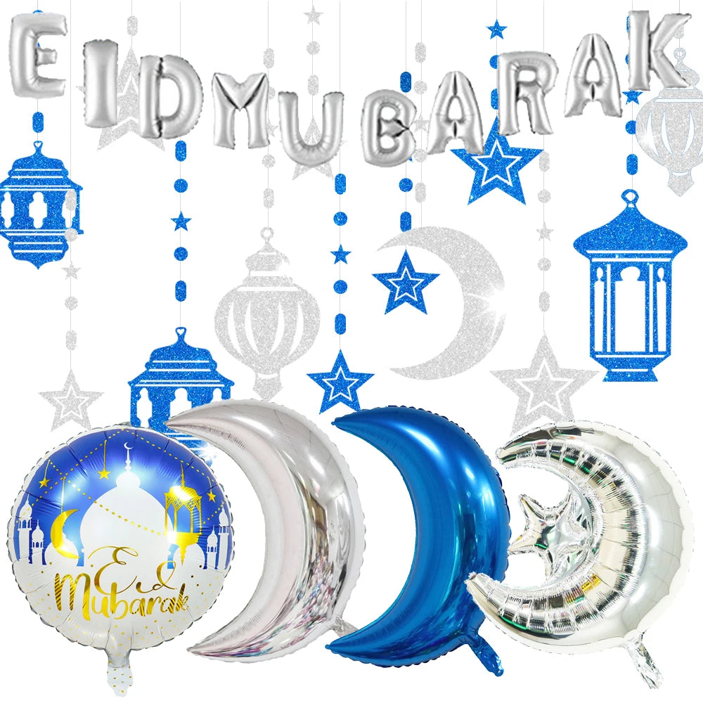 Blue White Eid Mubarak Theme Supplies Banner Hanging Swirl Spiral Decor Moon Star Foil Balloon Eid Ramadan Party Decor Supplies