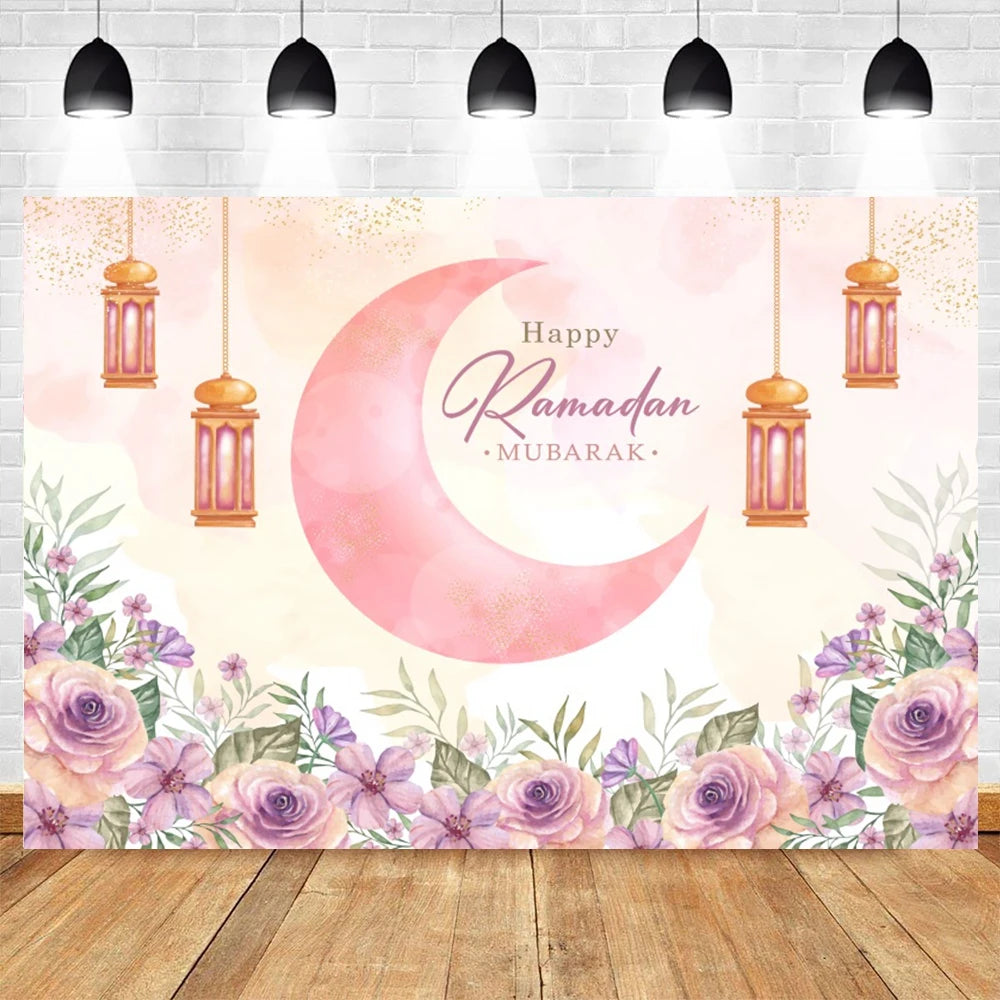 Ramadan Kareem Photography Backdrop EID Mubarak Islamic Mosque Lamps Moon Star White Cloud Photo Background Studio Poster Decor