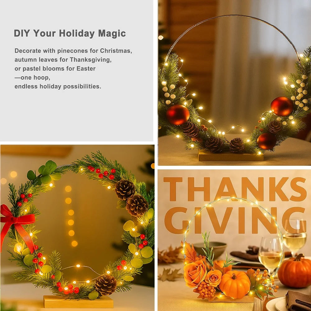 1/5/10PCS DIY Christmas Wreath with LED Lights Stand Party Metal Floral Hoop Centerpiece Table Decor Wedding Dream Catcher Rings