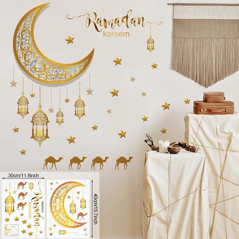 Eid Mubarak Wall Stickers Moon Star Lantern Ramadan Kareem Wall Decals Muslim Islamic Window Sticker Decorations for Home 2024