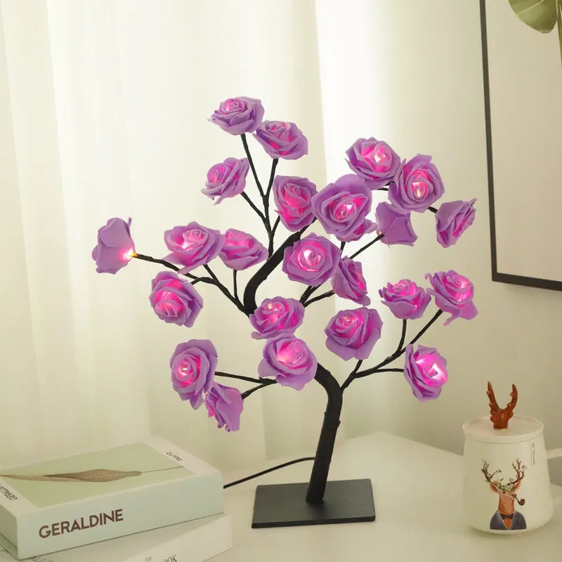 LED Rose Flower Tree Table Lamp USB Powered with Switch Warm White Fairy Night Light for Home Bedroom Wedding Xmas Party Decor
