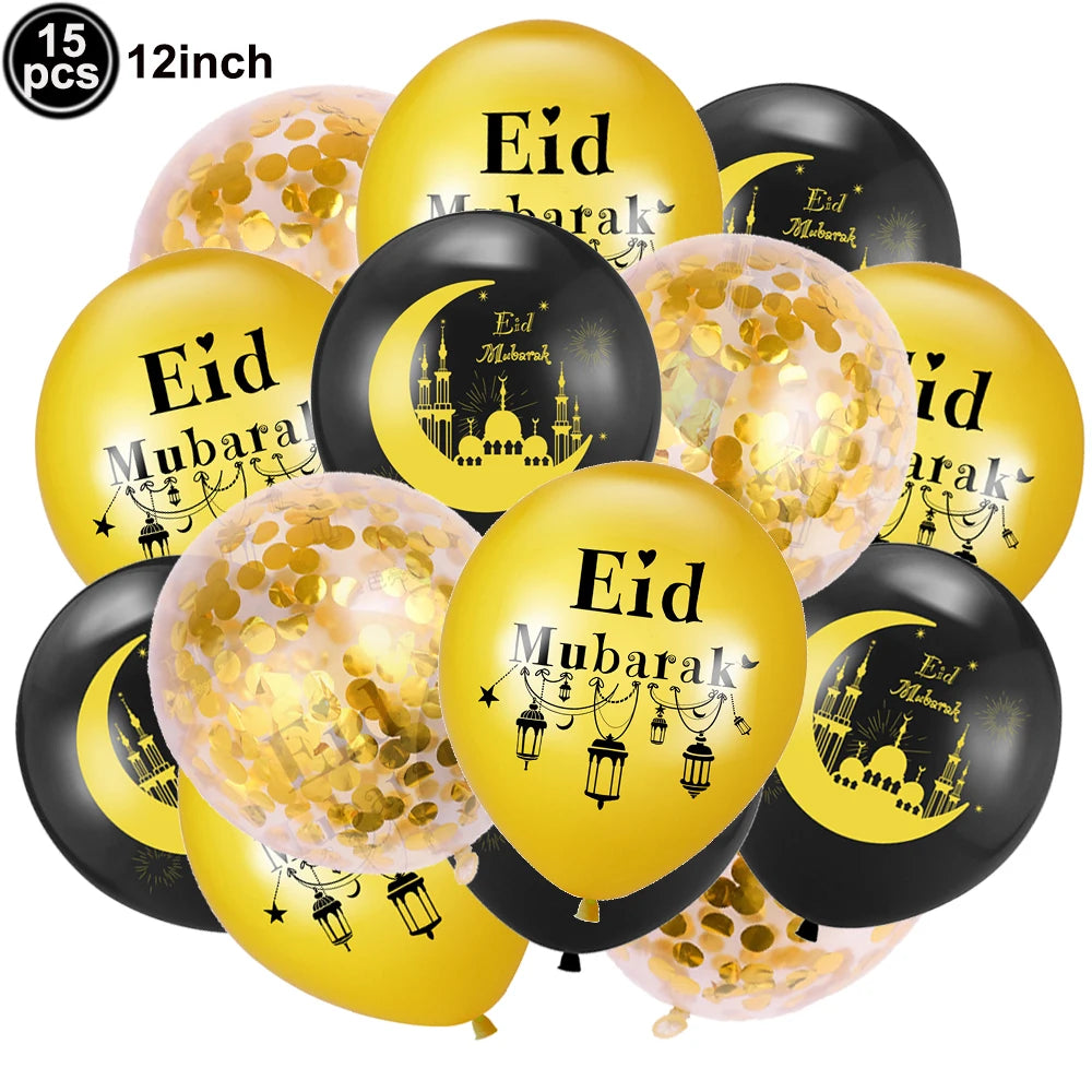 12inch Eid Mubarak Party Decorations Happy Eid al-Fitr Latex Balloons Gold Purple Black Moon Castle Print Confetti Balloons