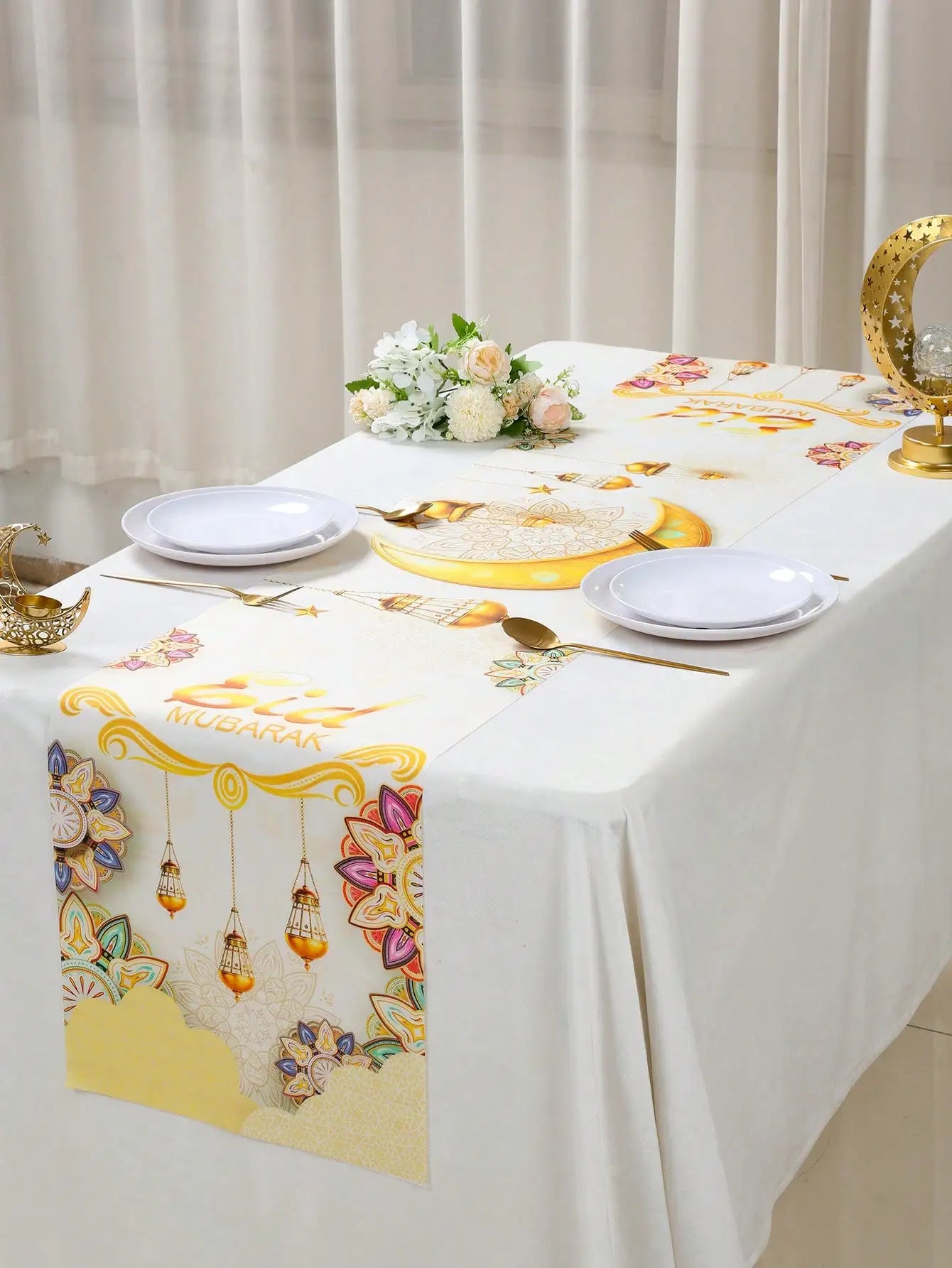 1Pc Eid Mubarak Decorative Table Runner, Gold Painted Star and Moon Table Runner, Muslim Holiday Party Table Runner, Long Tablecloth