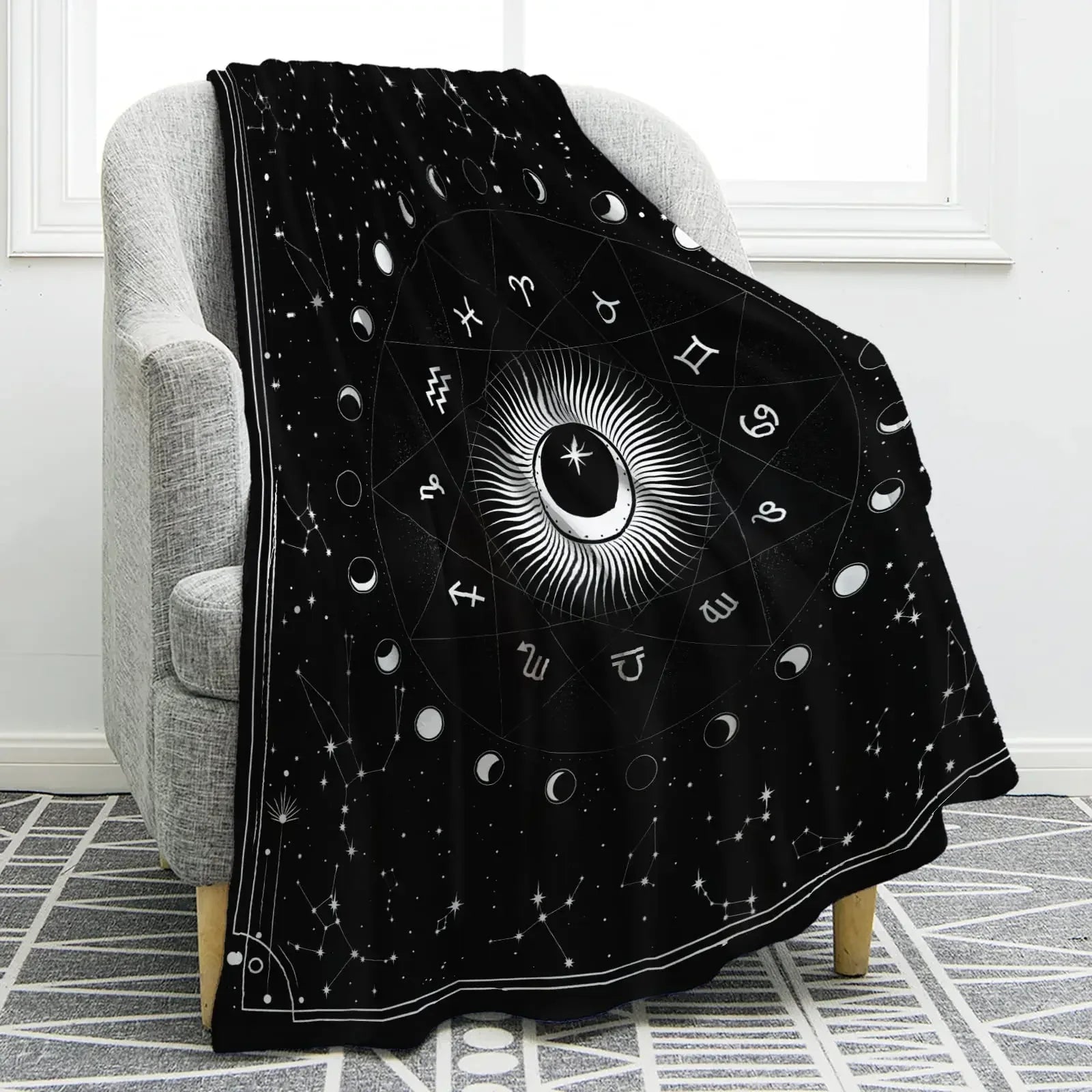 Sun Moon Blanket Star Space Psychedelic Black and White Print Throw Blanket for Couch Bed Sofa