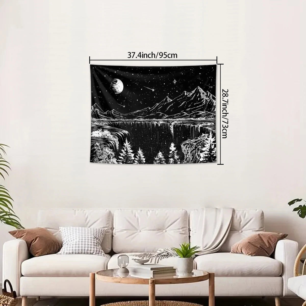 1pc Black and white abstract landscape tapestry, starry night mountain tapestry, bedroom aesthetic moon and star tapestry