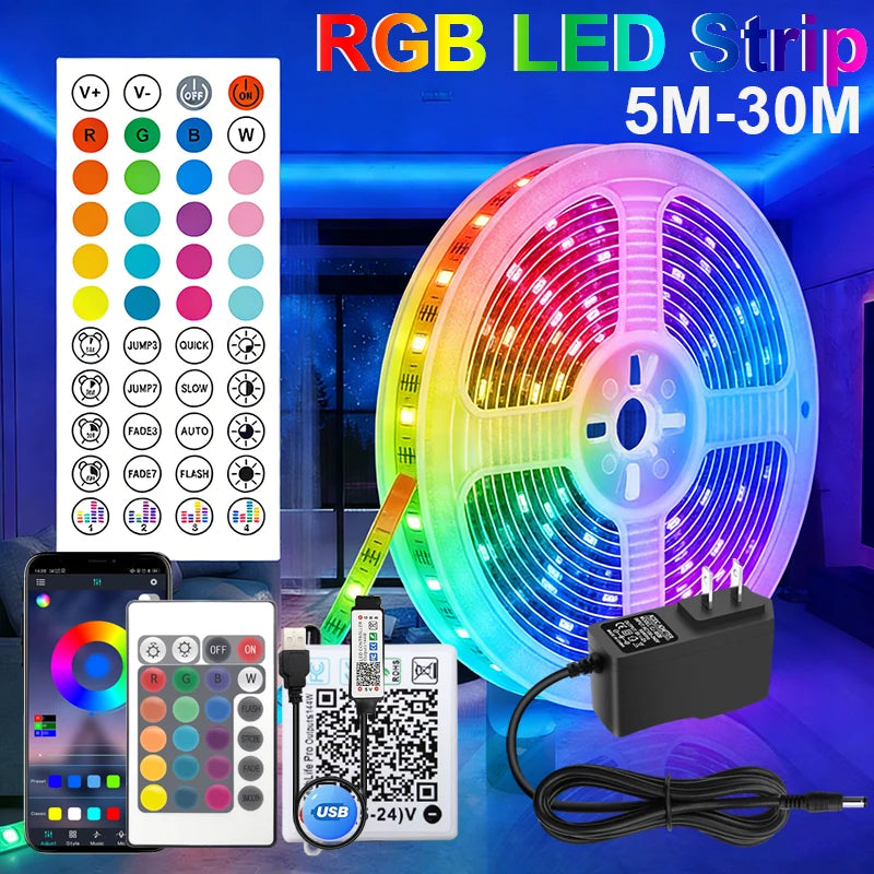 New 24V 5M 10M 20M 30M RGB LED Lights Strip Room Lamp Tape Music SYNC APP Remote Control Luces Led for Home Decor TV Backlight