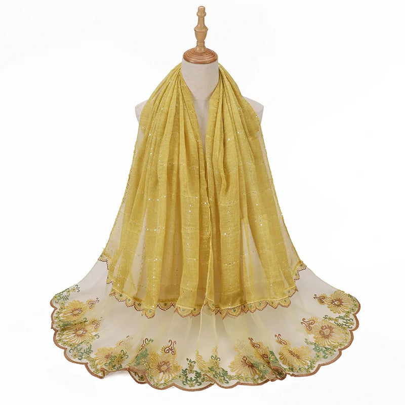New Designers Lace Scarf Women Luxury Hijabs for Woman Bandana Shawl Veil Comfort Wear Paillette Embroidery Scarves Wrap Hijabs