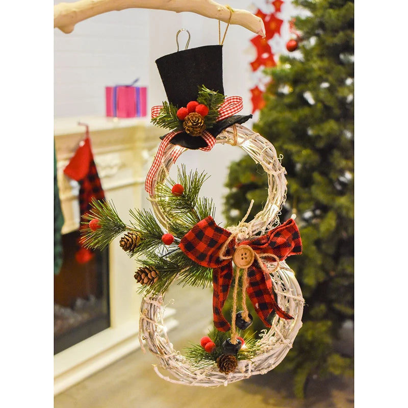Christmas Snowman Wreath Garland Led Light Door Decoration Artificial Home Window Wall Background Door Hanging Luminous Ornament