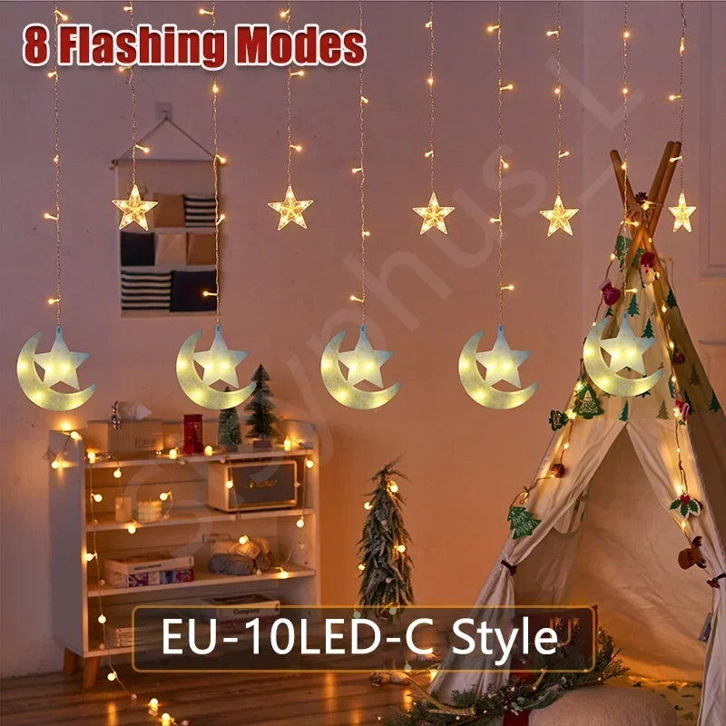 LED Moon and Star Window Curtain Lights USB Powered 8 Lighting Modes with Timer Function Ideal for Ramadan Thanksgiving