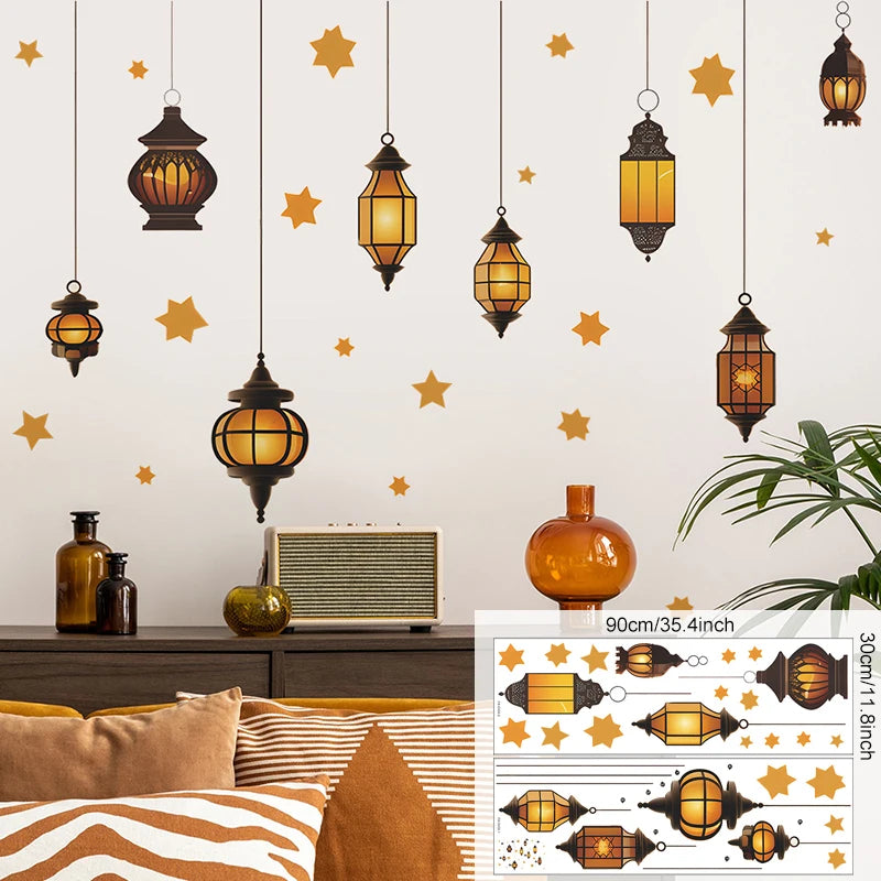 Eid Mubarak Wall Stickers Moon Star Lantern Ramadan Kareem Wall Decals Muslim Islamic Window Sticker Decorations for Home 2024