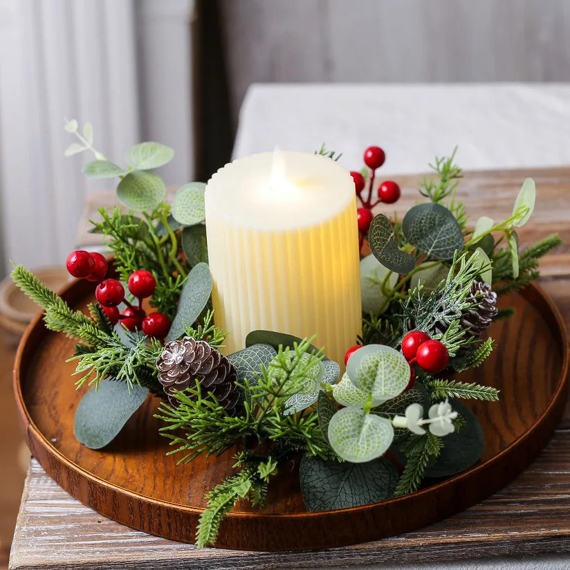Red Berry Wreath Classic Candle Holder Decorative Ring Festive Pinecone Decoration For Table Decor Holiday Gathering Christmas