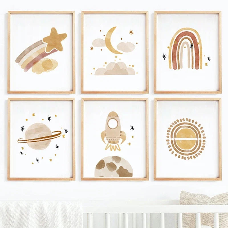 Nursery Wall Art Sun Stars Moon Earth Posters And Prints Children's Room Decoration Cartoon Universe Picture For Kid Room Poster