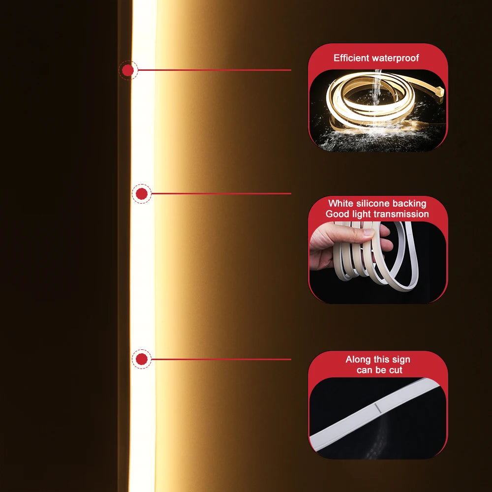 COB LED Strip Neon Light 220V EU UK Plug 288LEDs/M RA90 Flexible Tape Waterproof Led Ribbon for Kitchen Outdoor Garden Lighting