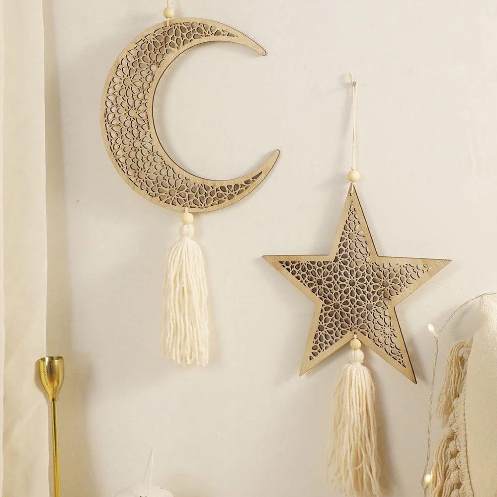 Ramadan Wooden Hanging Ornaments Moon and Star Hollow Mesh Wall Decor Islamic Eid Mubarak Muslim Decor?Ramadan Kareem Gift