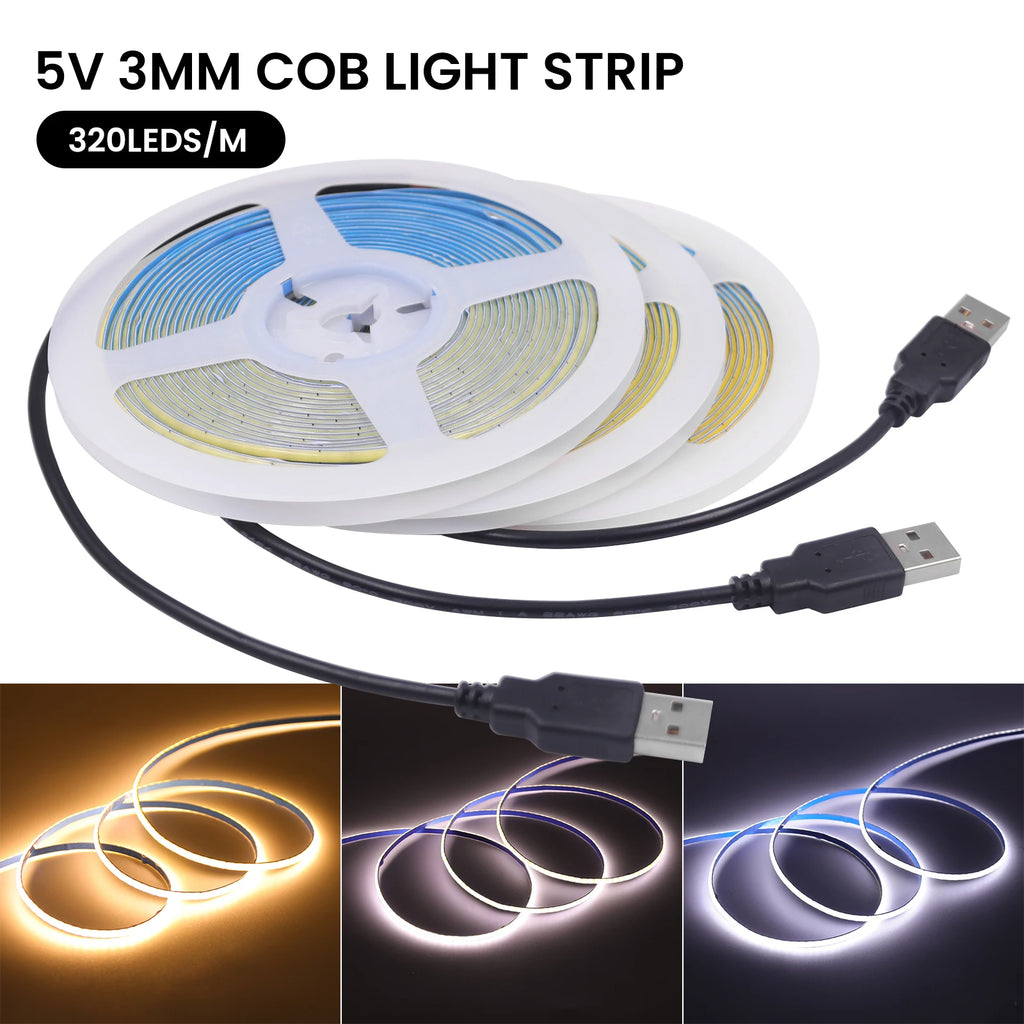 USB Dimmable COB LED Strip Light 3MM 5MM 8MM RA90 High Density 320LEDs/M 3000K 4000K 6500K FOB Flexible Ribbon Tape Rope Lamp