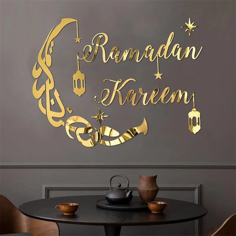 Eid Mubarak Gold Acrylic Wall Sticker Ramadan Kareem Large Mirror Wall Decal for Home Room Decoration 2026 Islamic Muslim Gifts