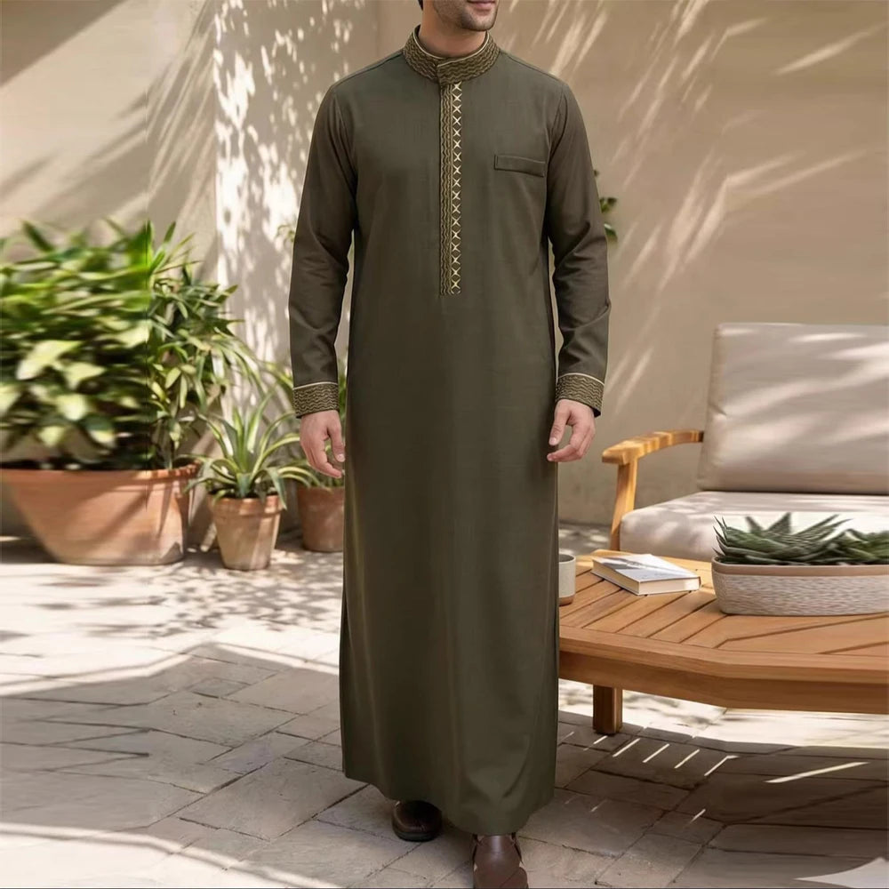 New Islamic Muslim Men's Thobe Long-Sleeved Classic Embroidery Robe Arabic Ethnic Style Men's Casual Formal Robe Prayer Dress