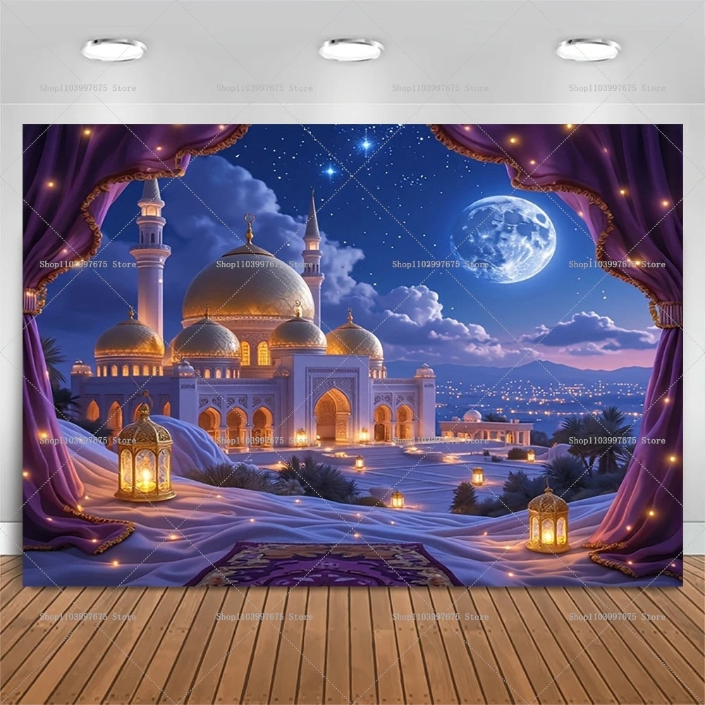 2D Arabian Starry Nights Islamic Palace Party Backdrops Eid Party Decorations Photography Background Banner Photo Booth Props