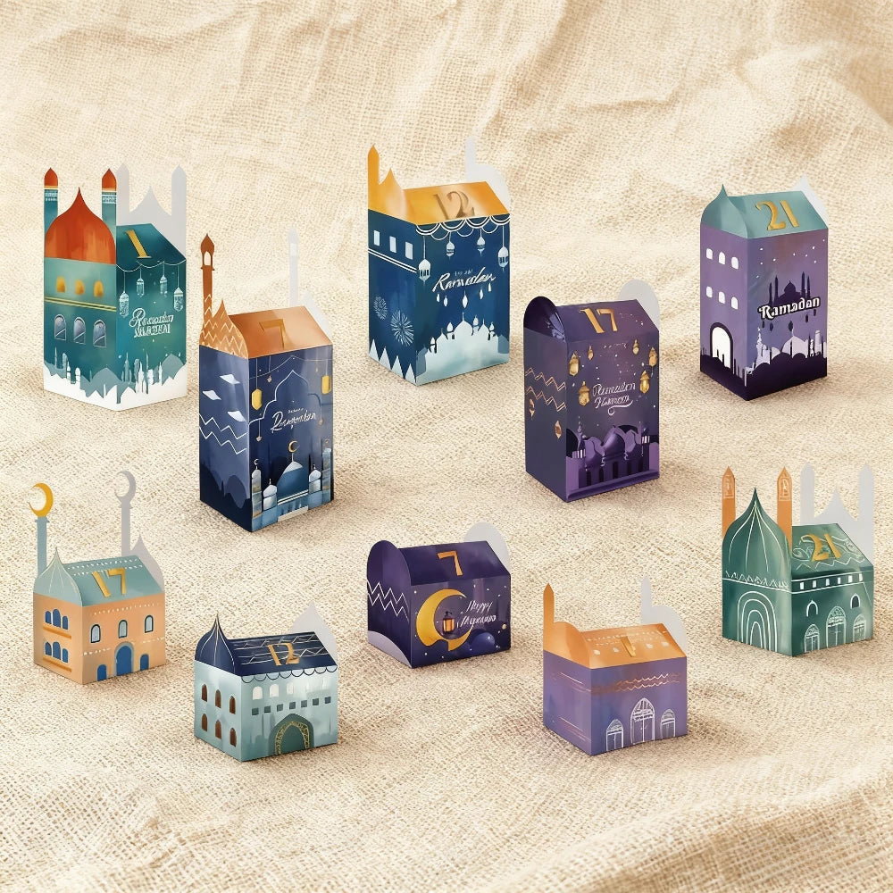 30-piece Ramadan "Exotic Countdown Gift Box"! Mosque Night Scene Design, Colourful and Unique Shapes, Printing Ramadan Dates,