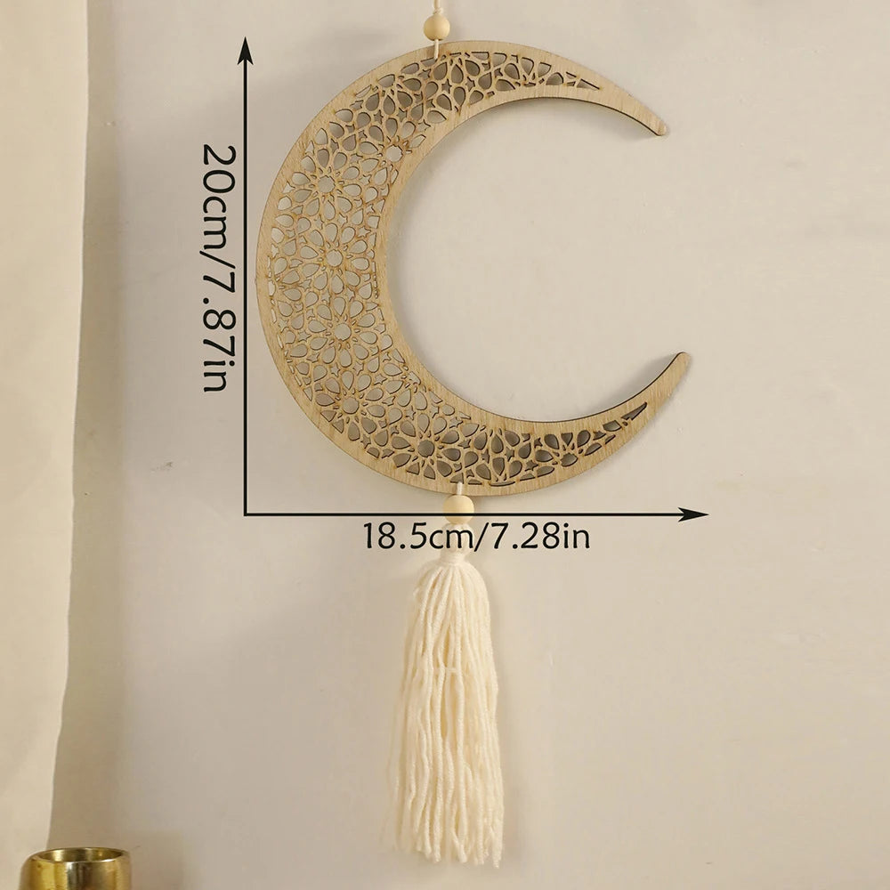 Ramadan Wooden Hanging Ornaments Moon and Star Hollow Mesh Wall Decor Islamic Eid Mubarak Muslim Decor?Ramadan Kareem Gift