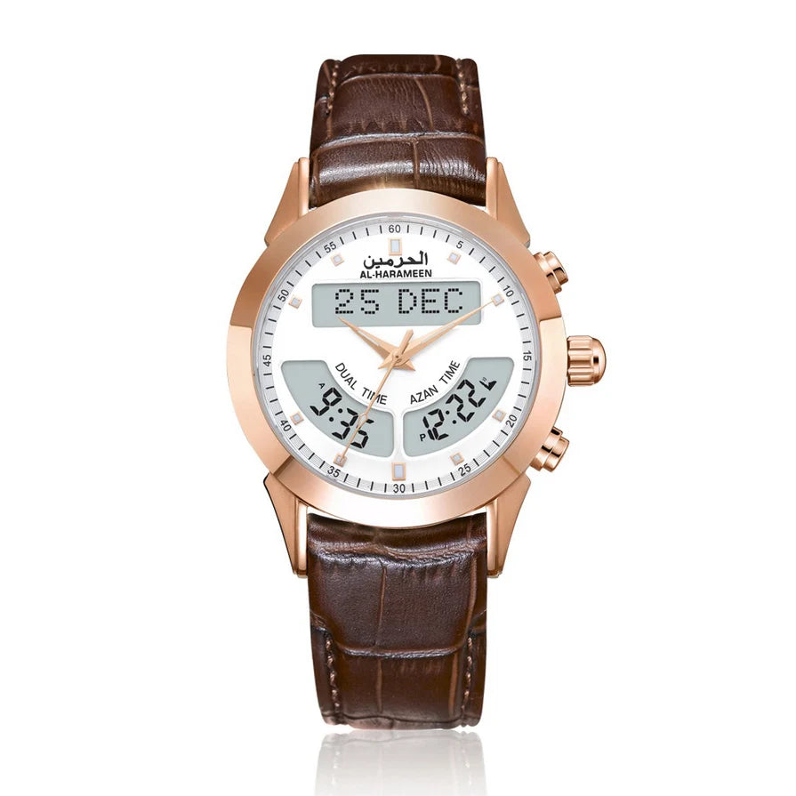 Muslim Watch with Alfajr Azan Time Iqamah Alarm for All Prayers English Arabic Language Saphire Genuine Leather Ramadan Gift