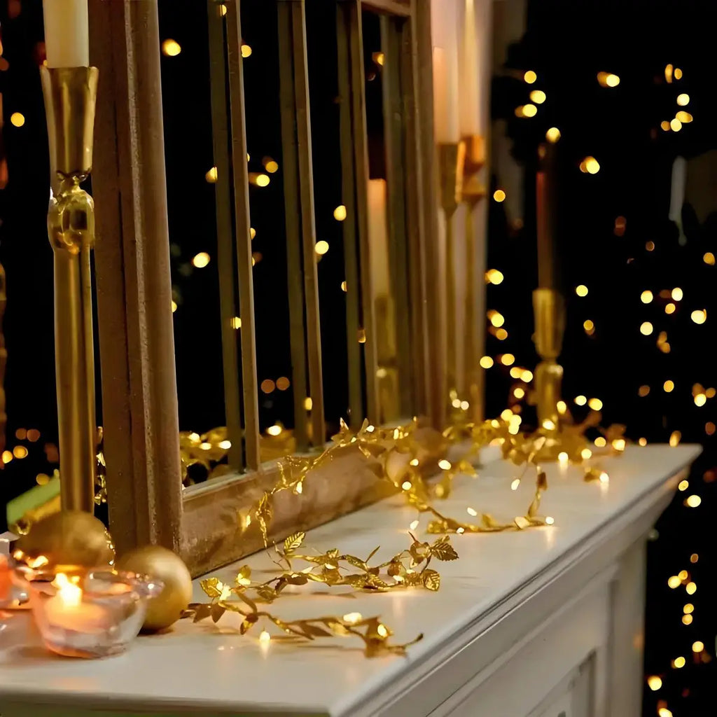Led Romantic Golden Leaf Fairy Lantern-(20Led Always on Style) Elegant String Lights for Home Decoration, Table Layout, Wedding and Activities Suitable for Valentine's Day, Birthday Party, Weddings, Christmas, Thanksgiving, L