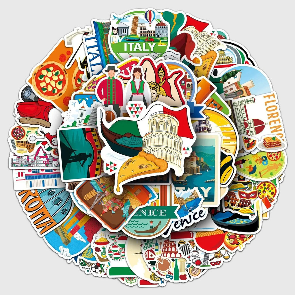 50pcs Italy Travel Famous City Stickers Pisa Tower Venice Scenery Decals Waterproof for Scrapbook Laptop Luggage Decorative