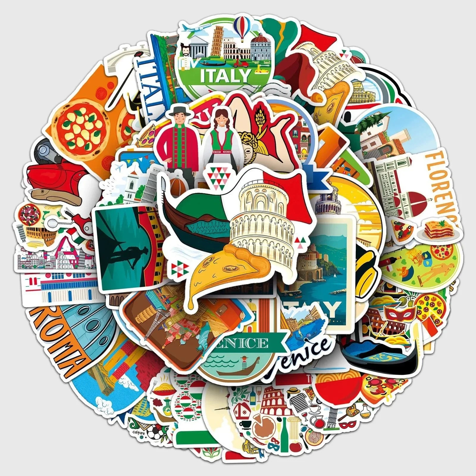 50pcs Italy Travel Famous City Stickers Pisa Tower Venice Scenery Decals Waterproof for Scrapbook Laptop Luggage Decorative