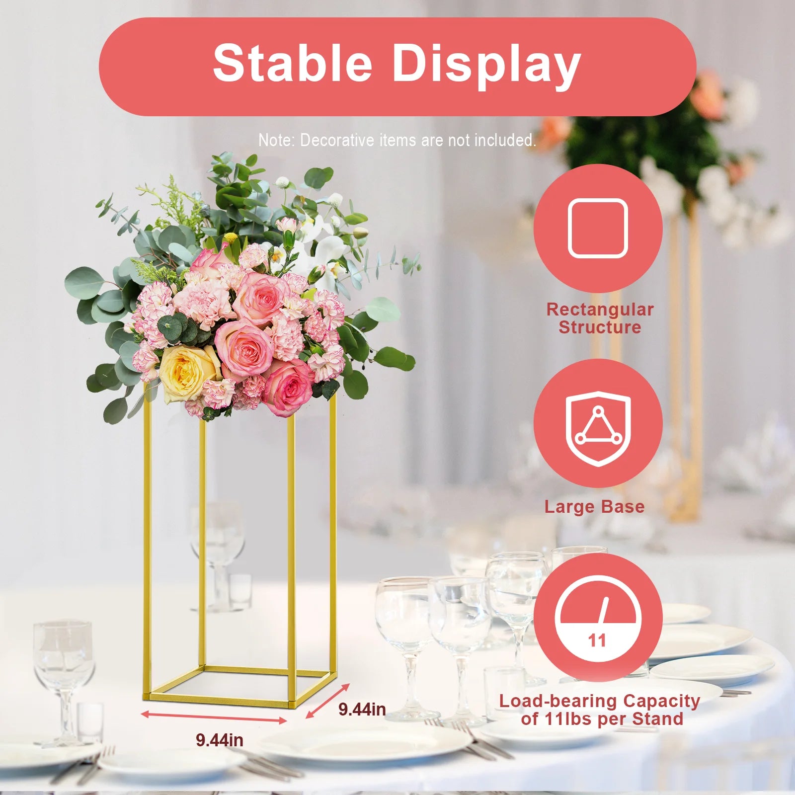 10Pcs Wedding Flower Stand Set 23.62"H Gold Metal Column Rack Wedding Party Prop Decor Balloon Display Holder Flower Vase Pillar