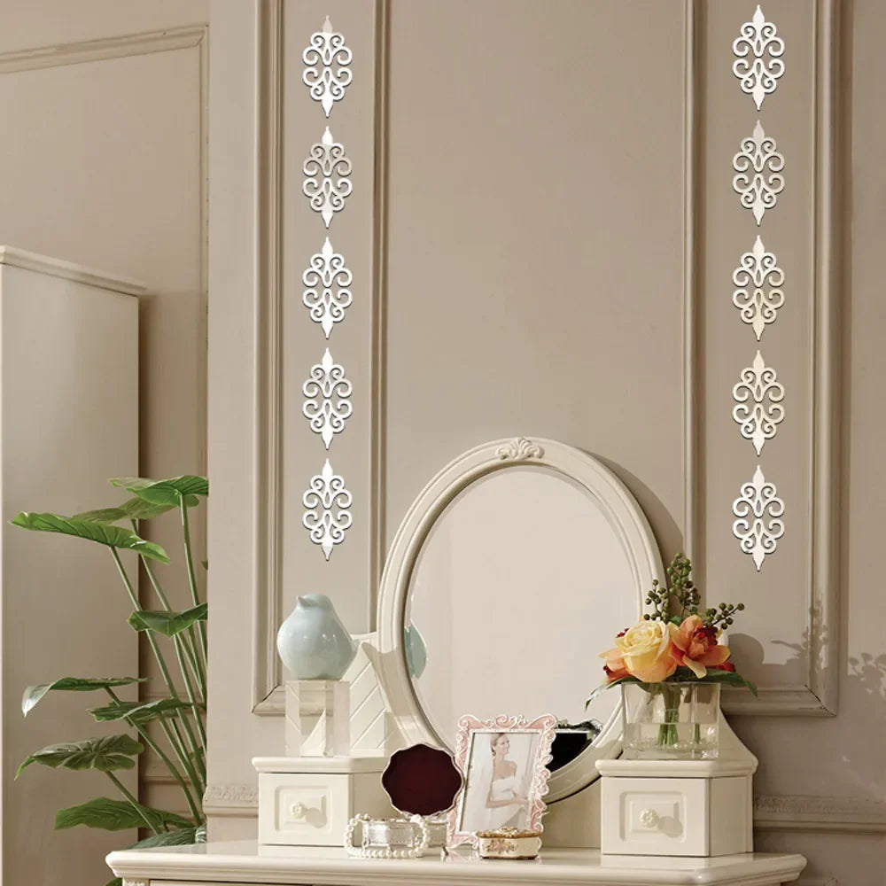 10Pcs 3D Acrylic Mirror Diagonal Lace Wall Stickers Porch Wardrobe Border Decoration Wall Decals Peel & Stick Home Decoration