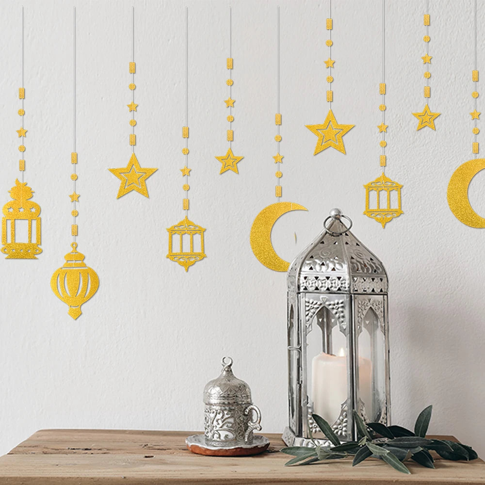 Glitter Gold Star Moon Banner Ramadan Paper Garland Hanging Decoration Ramadan Kareem Eid-al-fitr Islamic Eid Mubarak Decoration
