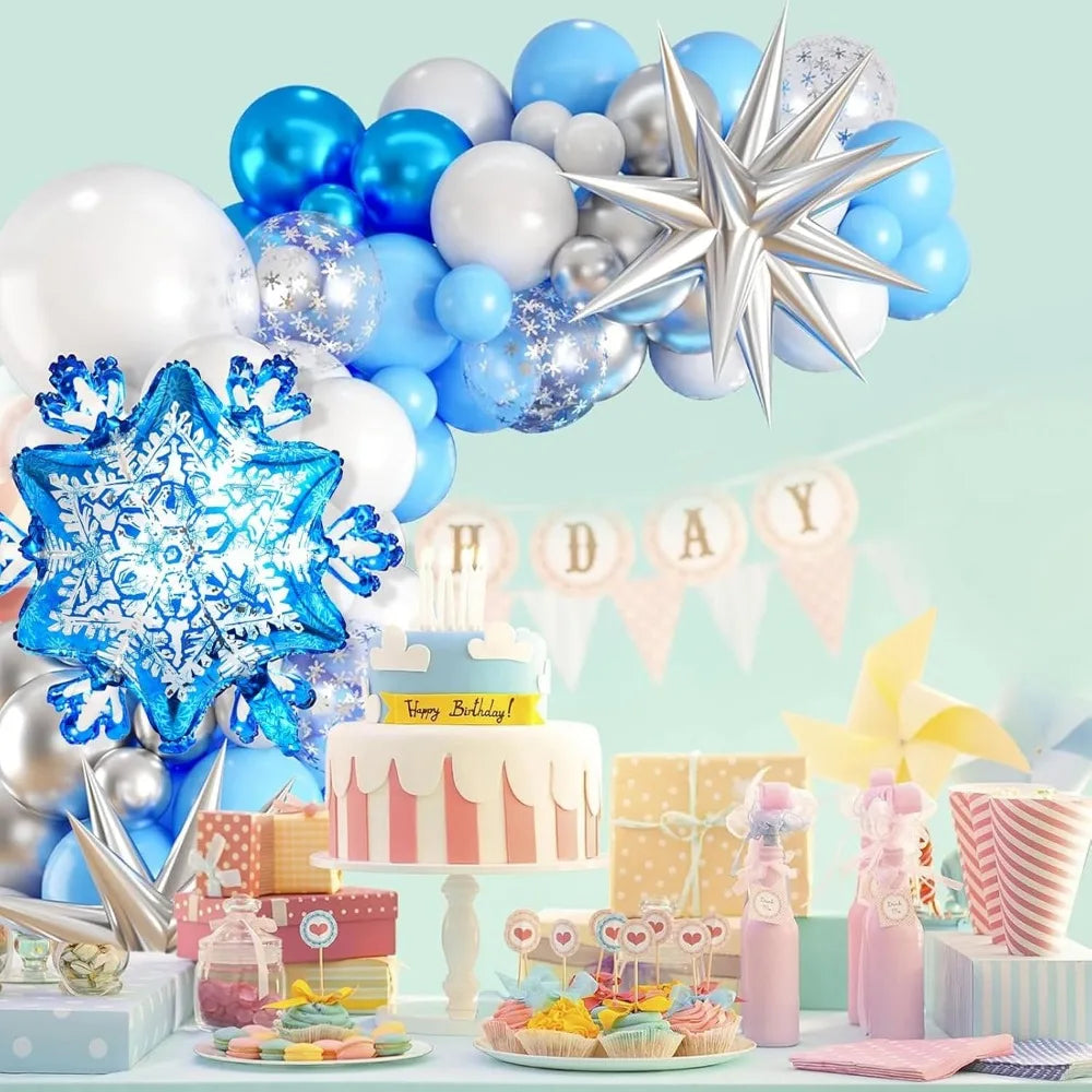 Snowflake Balloon Garland Arch kit, Silver Blue White Balloon Arch With Snowflake Foil Balloons for Winter Fantasy Holiday Chris