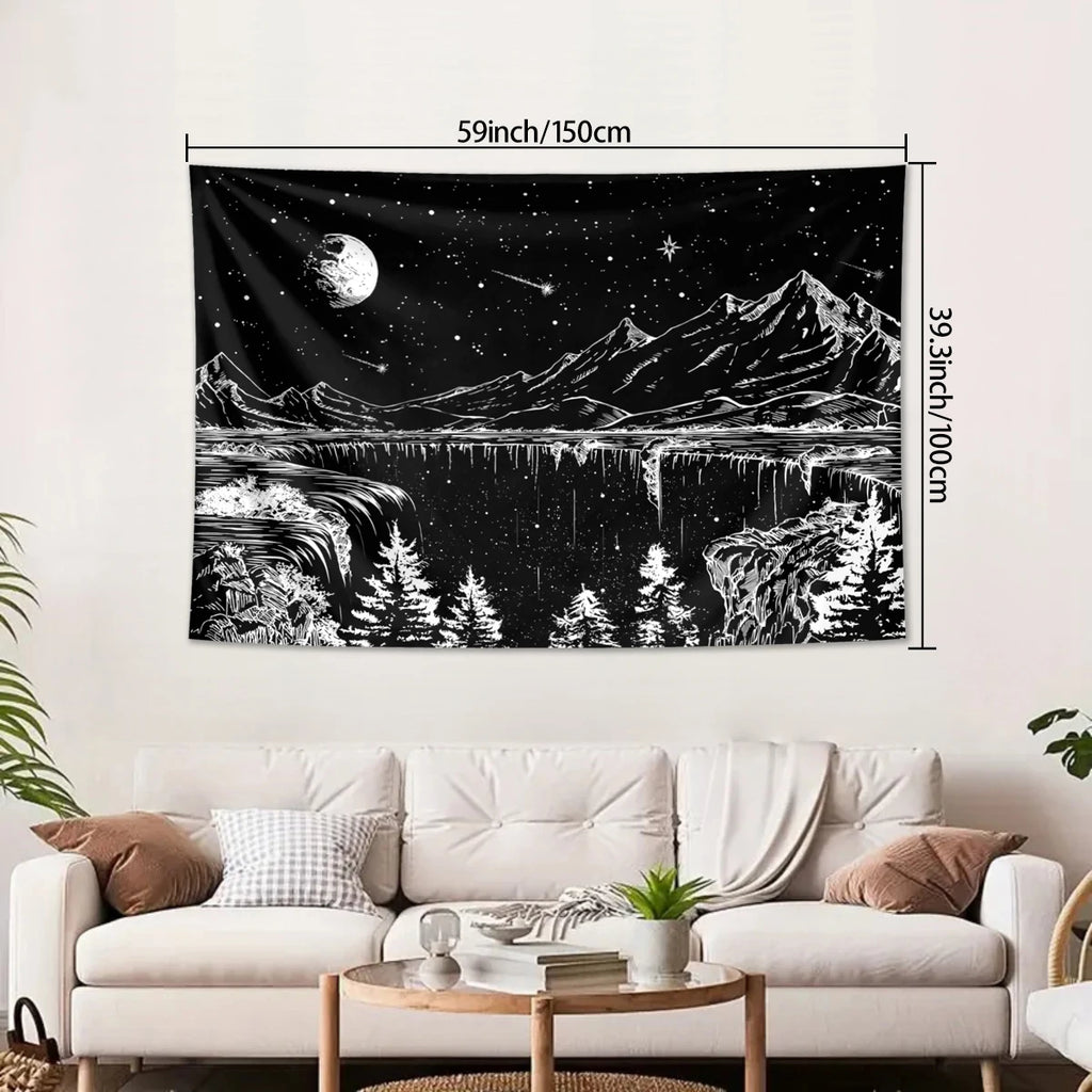 1pc Black and white abstract landscape tapestry, starry night mountain tapestry, bedroom aesthetic moon and star tapestry