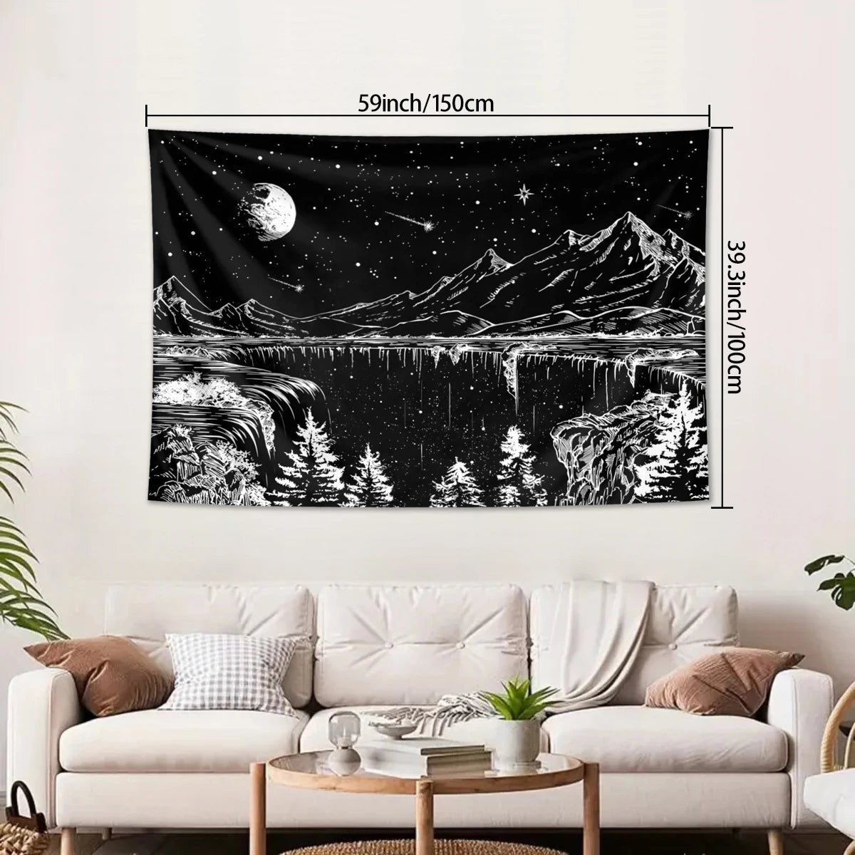 1pc Black and white abstract landscape tapestry, starry night mountain tapestry, bedroom aesthetic moon and star tapestry