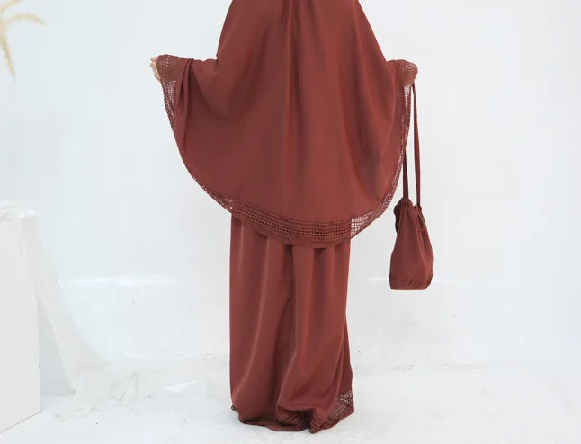 Muslim 4 Piece Set Women Skirts Headscarf Lace Storage Bag Prayer Pad Suit Eid Ramadan Morocco Dubai Hijab Long Skirt Outfits