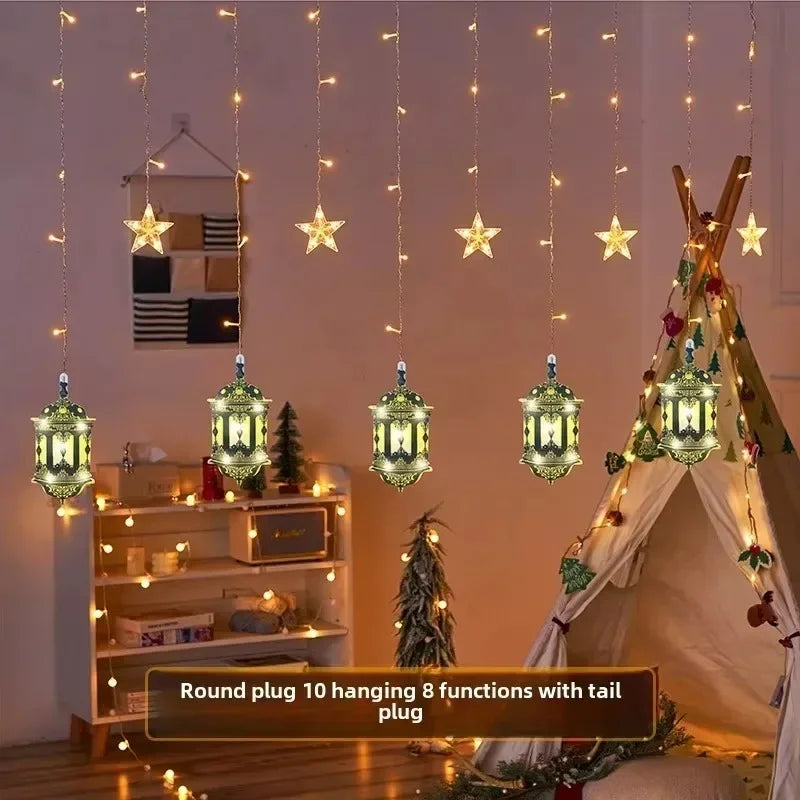 Ramadan String Lights LED Curtain with Moon Castle for Eid Mubarak Celebration Islamic Festive Window Decor Home Atmosphere