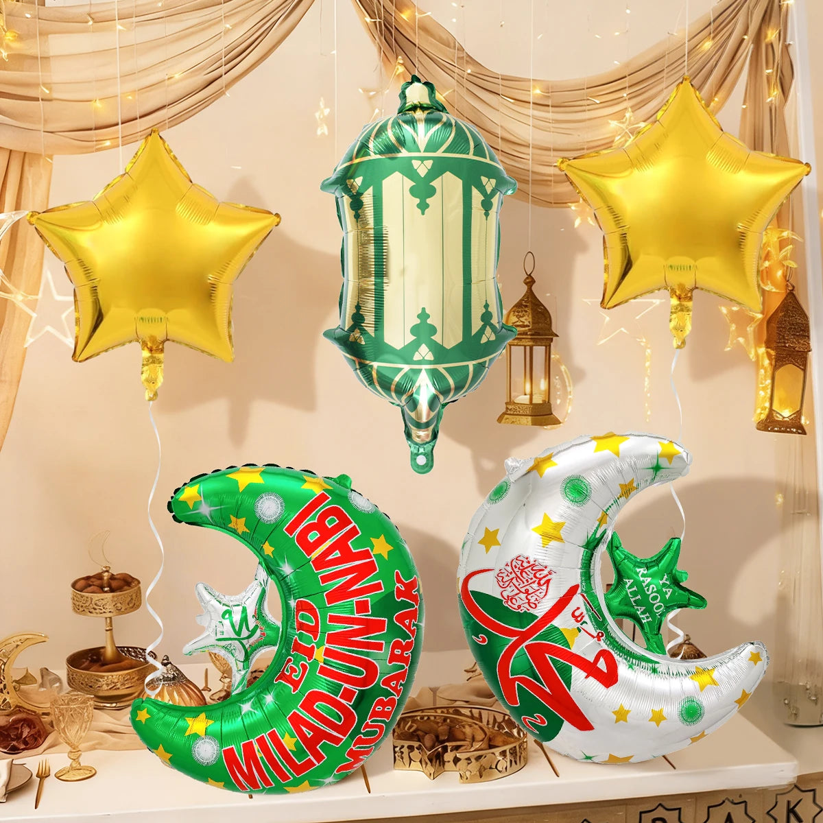 5-piece Ramadan Moon and Star Balloon Set, Ramadan Party Decorations, Ramadan Mubarak, Eid Mubarak Decorations